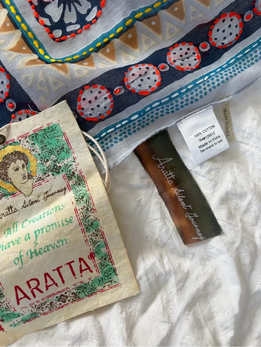 NWT Aratta Silent Journey Mulitcolor Cotton Scarf With Patterns and Embroidery